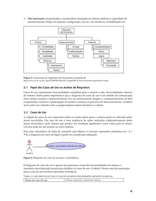◊

Não funcionais: propriedades e características desejadas do sistema relativas à capacidade de
armazenamento, tempo de resposta, configuração, uso (ex. uso intuitivo), confiabilidade, etc.
Requisitos
não-funcionais

Produto

Organizacionais

Externos

Confiabilidade

Entrega

Interoperabilidade

Portabilidade

Implementação

Éticos

Usabilidade

Padrões

Legais

Eficiência

Segurança

Desempenho

Privacidade

Espaço

Figura 3: Taxonomia de requisitos não-funcionais (extraída de
http://www.csc.liv.ac.uk/~igor/COMP201/files/SE_L4.ppt#289,15,Non-functional requirement types)

2.1

Papel dos Casos de Uso na Análise de Requisitos

Casos de uso representam funcionalidades completas para o usuário e não, funcionalidades internas
do sistema. Outro ponto importante é que o diagrama de casos de uso é um artefato de comunicação
entre cliente, usuários e desenvolvedores. Por ser extremamente simples e, consequentemente, de fácil
compreensão, incentiva a participação do cliente e usuários no processo de desenvolvimento. Também
serve como um contrato entre a equipe/empresa desenvolvedora e o cliente.

2.2

Casos de Uso

A coleção de casos de uso representa todos os modos pelos quais o sistema pode ser utilizado pelos
atores envolvidos. Um caso de uso é uma seqüência de ações realizadas colaborativamente pelos
atores envolvidos e pelo sistema que produz um resultado significativo (com valor) para os atores.
Um ator pode ser um usuário ou outro sistema.
Para uma calculadora de linha de comando cujo objetivo é executar expressões aritméticas (ex. -2 +
3*5), o diagrama de casos da figura 4 pode ser considerado adequado.

Figura 4. Diagrama de casos de uso para a calculadora.

O diagrama de casos de uso é apenas um panorama visual das funcionalidades do sistema, é
necessária uma descrição textual para detalhar os casos de uso. A tabela 1 ilustra esta documentação
para o caso de uso resolver expressões aritméticas.
TABELA 1: DOCUMENTAÇÃO PARA O CASO DE USO RESOLVER EXPRESSÕES ARITMÉTICAS BÁSICAS.

Nome do caso de uso

Efetuar expressões aritméticas básicas

10

 
