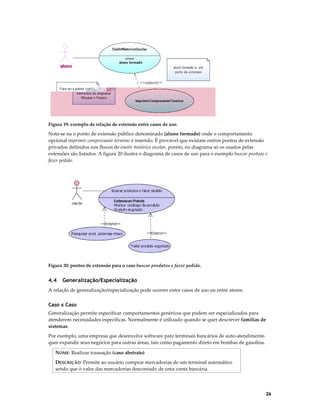 Figura 19: exemplo de relação de extensão entre casos de uso.

Nota-se na o ponto de extensão público denominado {aluno formado} onde o comportamento
opcional imprimir comprovante término é inserido. É provável que existam outros pontos de extensão
privados definidos nos fluxos de emitir histórico escolar, porém, no diagrama só os usados pelas
extensões são listados. A figura 20 ilustra o diagrama de casos de uso para o exemplo buscar produto e
fazer pedido.

Figura 20: pontos de extensão para o caso buscar produtos e fazer pedido.

4.4

Generalização/Especialização

A relação de generalização/especialização pode ocorrer entre casos de uso ou entre atores.

Caso x Caso
Generalização permite especificar comportamentos genéricos que podem ser especializados para
atenderem necessidades específicas. Normalmente é utilizado quando se quer descrever famílias de
sistemas.
Por exemplo, uma empresa que desenvolve software pare terminais bancários de auto-atendimento
quer expandir seus negócios para outras áreas, tais como pagamento direto em bombas de gasolina.
NOME: Realizar transação (caso abstrato)
DESCRIÇÃO: Permite ao usuário comprar mercadorias de um terminal automático
sendo que o valor das mercadorias descontado de uma conta bancária.

26

 