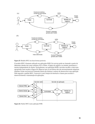 Eventos de interface,
entrada de informações

(a)

ações
Estado
modelo

Modelo do
negócio

Controle

Visão

Eventos e respostas
gerados pelo modelo

(b)
Eventos de interface,
entrada de informações

ações
Estado
modelo

Controle

Visão

Visão selecionada

Modelo do
negócio

Eventos e respostas
gerados pelo modelo

Figura 25. Modelo MVC nas duas formas possíveis.

O modelo MVC é bastante utilizado em aplicações WEB. Um serviço pode ser chamado a partir de
diferentes clientes tais como celulares, PCs e Palms. A lógica do negócio, no entanto, permanece a
mesma independente do cliente. Normalmente, nas aplicações WEB o servidor escolhe a visão mais
apropriada como mostra a Figura 26. Observar que os servidores não são necessariamente máquinas
distintas. Existe um framework chamado Struts que diminui o esforço de desenvolver uma aplicação
Web segundo o padrão MVC. Framework é uma coleção de interfaces e classes para auxiliar o
desenvolvimento e manutenção de aplicações.
‘
Servidor web

Servidor de aplicação

Cliente HTML
Cliente Celular

Controlador

Modelo do
negócio

Cliente Palm

Figura 26. Padrão MVC numa aplicação WEB.

36

 