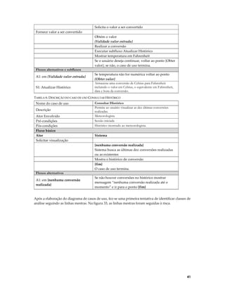 Solicita o valor a ser convertido
Fornece valor a ser convertido
Obtém o valor
{Validade valor entrada}
Realizar a conversão
Executar subfluxo Atualizar Histórico
Mostrar temperatura em Fahrenheit
Se o usuário deseja continuar, voltar ao ponto {Obter
valor}; se não, o caso de uso termina.
Fluxos alternativos e subfluxos
A1: em {Validade valor entrada}
S1: Atualizar Histórico

Se temperatura não for numérica voltar ao ponto
{Obter valor}
Armazena uma conversão de Celsius para Fahrenheit
incluindo o valor em Celsius, o equivalente em Fahrenheit,
data e hora da conversão.

TABELA 6: DESCRIÇÃO DO CASO DE USO CONSULTAR HISTÓRICO

Nome do caso de uso
Descrição
Ator Envolvido
Pré-condições
Pós-condições
Fluxo básico
Ator
Solicitar visualização

Consultar Histórico
Permite ao usuário visualizar as dez últimas conversões
realizadas.
Meteorologista
Sessão iniciada
Histórico mostrado ao meteorologista.
Sistema
{nenhuma conversão realizada}
Sistema busca as últimas dez conversões realizadas
ou as existentes
Mostra o histórico de conversão
{fim}
O caso de uso termina.

Fluxos alternativos
A1: em {nenhuma conversão
realizada}

Se não houver conversões no histórico mostrar
mensagem “nenhuma conversão realizada até o
momento” e ir para o ponto {fim}

Após a elaboração do diagrama de casos de uso, fez-se uma primeira tentativa de identificar classes de
análise seguindo as linhas mestras. Na figura 33, as linhas mestras foram seguidas à risca.

41

 