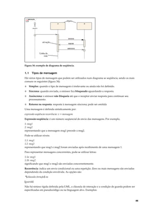 sd Interação

objeto
:A

:B

usuário

síncrona

ativação

resposta
assíncrona

Linha da
vida

Figura 34: exemplo de diagrama de seqüência.

1.1

Tipos de mensagem

Há vários tipos de mensagem que podem ser utilizados num diagrama se seqüência, sendo os mais
comuns os seguintes (figura 34):
◊

Simples: quando o tipo de mensagem é irrelevante ou ainda não foi definido.

◊

Síncrona: quando enviada, o emissor fica bloqueado aguardando a resposta.

◊

Assíncrona: o emissor não bloqueia até que o receptor enviar resposta para continuar seu
processamento.

◊

Retorno ou resposta: resposta à mensagem síncrona; pode ser omitida

Uma mensagem é definida sintaticamente por:
expressão-seqüência recorrência: v := mensagem
Expressão-seqüência: é um número seqüencial de envio das mensagens. Por exemplo,
1: msg1
2: msg2
representando que a mensagem msg1 precede a msg2.
Pode-se utilizar níveis:
1.1: msg1
1.2: msg2
representando que msg1 e msg2 foram enviadas após recebimento de uma mensagem 1.
Para representar mensagens concorrentes, pode-se utilizar letras:
1.1a: msg1
1.1b: msg2
significando que msg1 e msg2 são enviadas concorrentemente.
Recorrência: indica um envio condicional ou uma repetição. Zero ou mais mensagens são enviadas
dependendo da condição envolvida. As opções são:
*[cláusula-iteração] ou
[guarda]
Não há sintaxe rígida definida pela UML, a cláusula de interação e a condição de guarda podem ser
especificadas em pseudocódigo ou na linguagem alvo. Exemplos:

44

 