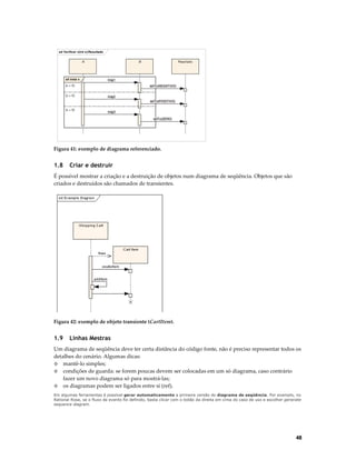 sd Verificar x(int x):Resultado
:A

alt trata x

:B

msg1

[x < 0]
[x > 0]

Resultado

setTo(NEGATIVO)
msg2
setTo(POSITIVO)

[x = 0]

msg3
setTo(ZERO)

Figura 41: exemplo de diagrama referenciado.

1.8

Criar e destruir

É possível mostrar a criação e a destruição de objetos num diagrama de seqüência. Objetos que são
criados e destruídos são chamados de transientes.

Figura 42: exemplo de objeto transiente (CartItem).

1.9

Linhas Mestras

Um diagrama de seqüência deve ter certa distância do código fonte, não é preciso representar todos os
detalhes do cenário. Algumas dicas:
◊ mantê-lo simples;
◊ condições de guarda: se forem poucas devem ser colocadas em um só diagrama, caso contrário
fazer um novo diagrama só para mostrá-las;
◊ os diagramas podem ser ligados entre si (ref).
Em algumas ferramentas é possível gerar automaticamente a primeira versão do diagrama de seqüência. Por exemplo, no
Rational Rose, se o fluxo de evento foi definido, basta clicar com o botão da direita em cima do caso de uso e escolher generate
sequence diagram.

48

 