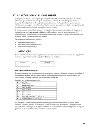 VI RELAÇÕES ENTRE CLASSES DE ANÁLISE
O diagrama de classes é um dos principais diagramas da UML, representa a estrutura do sistema
(elementos que foram selecionados para fazer parte do sistema). A partir dele, por exemplo, o
esqueleto do código fonte pode ser gerado automaticamente. Neste capítulo são apresentadas as
relações mais usuais para a fase de análise. Posteriormente, apresentam-se relações mais próximas da
implementação e, portanto, mais adequadas à fase de projeto.
O comportamento requerido do sistema é alcançado pela colaboração entre objetos. O diagrama de
classes fornece uma representação estática da colaboração por meio de relacionamentos. Os
relacionamentos são utilizados no diagrama de classes que é refinado incrementalmente (modelo do
domínio, análise e, posteriormente, no projeto).
São apresentadas as seguintes relações:
◊
◊
◊

associação (mais comum),
agregação (um tipo de associação),
generalização/especialização

1 ASSOCIAÇÃO
É uma relação entre duas classes significando que os objetos destas classes possuem uma ligação. Por
exemplo, a figura 46 representa um professor leciona uma disciplina.
Professor

leciona

Disciplina

Figura 46: Exemplo de associação.
É possível designar que uma quantidade objetos de uma classe se relacionam com uma quantidade de
objetos de outra classe por meio da notação de multiplicidade (tabela 7). As multiplicidades são
colocadas nos extremos das linhas que representam as relações.
TABELA 7:

MULTIPLICIDADE DE RELAÇÕES

Repr

Significado

1
0.. *
*
1.. *
0..1
5..8
4..7,9

Exatamente uma
Zero ou mais
Zero ou mais
Uma ou mais
Zero ou uma
Intervalo específico (5, 6, 7, or 8)
Combinação (4, 5, 6, 7, or 9)

Por exemplo, a figura 53 é interpretada como um professor leciona uma ou mais disciplinas, sendo
ilimitado o número máximo de disciplinas. Observar que no lado do Professor a multiplicidade é
igual a 1, então a participação de objetos Professor no relacionamento leciona é obrigatória, ou seja, um
professor só pode existir se estiver associado a uma disciplina.

53

 