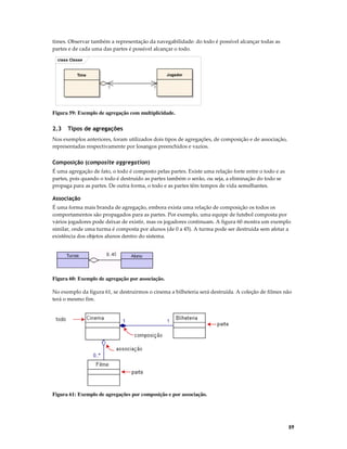 times. Observar também a representação da navegabilidade: do todo é possível alcançar todas as
partes e de cada uma das partes é possível alcançar o todo.
class Classe

Jogador

Time
*

*

Figura 59: Exemplo de agregação com multiplicidade.

2.3

Tipos de agregações

Nos exemplos anteriores, foram utilizados dois tipos de agregações, de composição e de associação,
representadas respectivamente por losangos preenchidos e vazios.

Composição (composite aggregation)
É uma agregação de fato, o todo é composto pelas partes. Existe uma relação forte entre o todo e as
partes, pois quando o todo é destruído as partes também o serão, ou seja, a eliminação do todo se
propaga para as partes. De outra forma, o todo e as partes têm tempos de vida semelhantes.

Associação
É uma forma mais branda de agregação, embora exista uma relação de composição os todos os
comportamentos são propagados para as partes. Por exemplo, uma equipe de futebol composta por
vários jogadores pode deixar de existir, mas os jogadores continuam. A figura 60 mostra um exemplo
similar, onde uma turma é composta por alunos (de 0 a 45). A turma pode ser destruída sem afetar a
existência dos objetos alunos dentro do sistema.

Figura 60: Exemplo de agregação por associação.
No exemplo da figura 61, se destruirmos o cinema a bilheteria será destruída. A coleção de filmes não
terá o mesmo fim.

Figura 61: Exemplo de agregações por composição e por associação.

59

 