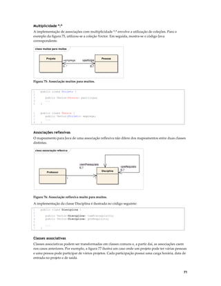 Multiplicidade *:*
A implementação de associações com multiplicidade *:* envolve a utilização de coleções. Para o
exemplo da figura 75, utilizou-se a coleção Vector. Em seguida, mostra-se o código Java
correspondente.
class muitos para muitos

Proj eto

+emprega

Pessoa

+participa

0..*

0..*

Figura 75: Associação muitos para muitos.
1
2
3
4
5

public class Projeto {

1
2
3
4

public class Pessoa {
public Vector<Projeto> emprega;
...
}

public Vector<Pessoa> participa;
...
}

Associações reflexivas
O mapeamento para Java de uma associação reflexiva não difere dos mapeamentos entre duas classes
distintas.
class associação reflexiv a

+temPrerequisito
0..*
Disciplina

Professor
1

+preRequisito
0..*

*

Figura 76: Associação reflexiva muito para muitos.

A implementação da classe Disciplina é ilustrada no código seguinte:
1
2
3
4
5
6
7

public class Disciplina {
public Vector<Disciplina> temPrerequisito;
public Vector<Disciplina> preRequisito;
...
}

Classes associativas
Classes associativas podem ser transformadas em classes comuns e, a partir daí, as associações caem
nos casos anteriores. Por exemplo, a figura 77 ilustra um caso onde um projeto pode ter várias pessoas
e uma pessoa pode participar de vários projetos. Cada participação possui uma carga horária, data de
entrada no projeto e de saída.

71

 