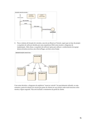 sd proj eto casos de uso (w eb)
«jsp page»

«servlet»

:IUConversao

:CtrlConversao

:meteorologista
pág. conversão
celsius
POST celsius
ConversaoCF(celsius)
:Conv ersaoCF

2.

Para o sistema de locação de veículos, caso de uso Reservar Veículo, supor que na fase de projeto
o arquiteto de software decidiu por uma arquitetura Web como mostra o diagrama de
implantação. Além disso, o arquiteto de software optou por utilizar o conhecimento da equipe
desenvolvedora em Java, Java ServerPages, servlets e Java Script.
deployment proj eto casos de uso

Serv idor WEB

«http»

Nav egador 1

«http»
«http»

Nav egador 2

Nav egador N

«http»

Nav egador N-1

Com estas decisões, o diagrama de seqüência “reservar veículo” foi parcialmente refinado, ou seja,
somente a parte de seleção de veículo por parte do cliente em um cenário onde tudo funciona como
mostra a figura seguinte. Não está incluído o tratamento do perfil do cliente.

76

 