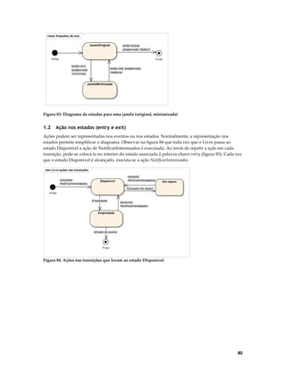class Estações do ano
JanelaOriginal

botão fechar
pressionado /destruir

Initial

Final
botão min.
pressionado
/minimizar

botão rest. pressionado
/restaurar

JanelaMinimizada

Figura 83: Diagrama de estados para uma janela (original, minimizada)

1.2

Ação nos estados (entry e exit)

Ações podem ser representadas nos eventos ou nos estados. Normalmente, a representação nos
estados permite simplificar o diagrama. Observar na figura 84 que toda vez que o Livro passa ao
estado Disponível a ação de NotificarInteressados é executada. Ao invés de repetir a ação em cada
transição, pode-se colocá-la no interior do estado associada à palavra-chave entry (figura 85). Cada vez
que o estado Disponível é alcançado, executa-se a ação NotificarInteressados.
stm Liv ro ações nas transições
comprado
/NotificarInteressados

Disponív el

reparado
/NotificarInteressados

Em reparo

Colocado em reparo
Initial
Emprestado

devolvido
/NotificarInteressados

Emprestado

retirado do acervo

Final

Figura 84. Ações nas transições que levam ao estado Disponível.

80

 