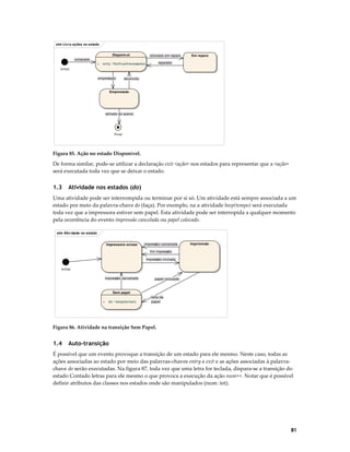 stm Liv ro ações no estado
Disponív el

colocado em reparo

comprado
+

Em reparo

reparado

entry / NotificarInteressados

Initial
emprestado

devolvido

Emprestado

retirado do acervo

Final

Figura 85. Ação no estado Disponível.

De forma similar, pode-se utilizar a declaração exit <ação> nos estados para representar que a <ação>
será executada toda vez que se deixar o estado.

1.3

Atividade nos estados (do)

Uma atividade pode ser interrompida ou terminar por si só. Um atividade está sempre associada a um
estado por meio da palavra-chave do (faça). Por exemplo, na a atividade beep(tempo) será executada
toda vez que a impressora estiver sem papel. Esta atividade pode ser interropida a qualquer momento
pela ocorrência do evento impressão cancelada ou papel colocado.
stm Ativ idade no estado
Impressora ociosa

impressão cancelada

Imprimindo

fim impressão
impressão iniciada
Initial
impressão cancelada

papel colocado

Sem papel
+

do / beep(tempo)

falta de
papel

Figura 86. Atividade na transição Sem Papel.

1.4

Auto-transição

É possível que um evento provoque a transição de um estado para ele mesmo. Neste caso, todas as
ações associadas ao estado por meio das palavras-chaves entry e exit e as ações associadas à palavrachave do serão executadas. Na figura 87, toda vez que uma letra for teclada, dispara-se a transição do
estado Contado letras para ele mesmo o que provoca a execução da ação num++. Notar que é possível
definir atributos das classes nos estados onde são manipulados (num: int).

81

 