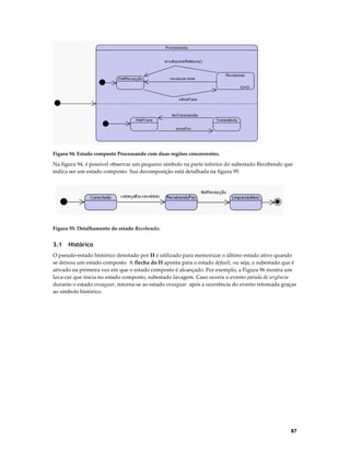Figura 94: Estado composto Processando com duas regiões concorrentes.

Na figura 94, é possível observar um pequeno símbolo na parte inferior do subestado Recebendo que
indica ser um estado composto. Sua decomposição está detalhada na figura 95.

Figura 95: Detalhamento do estado Recebendo.

3.1

Histórico

O pseudo-estado histórico denotado por H é utilizado para memorizar o último estado ativo quando
se deixou um estado composto. A flecha do H aponta para o estado default, ou seja, o subestado que é
ativado na primeira vez em que o estado composto é alcançado. Por exemplo, a Figura 96 mostra um
lava-car que inicia no estado composto, subestado lavagem. Caso ocorra o evento parada de urgência
durante o estado enxaguar, retorna-se ao estado enxaguar após a ocorrência do evento retomada graças
ao símbolo histórico.

87

 