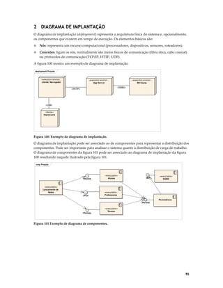 2 DIAGRAMA DE IMPLANTAÇÃO
O diagrama de implantação (deployement) representa a arquitetura física do sistema e, opcionalmente,
os componentes que existem em tempo de execução. Os elementos básicos são:
◊

Nós: representa um recurso computacional (processadores, dispositivos, sensores, roteadores);

◊

Conexões: ligam os nós, normalmente são meios físicos de comunicação (fibra ótica, cabo coaxial)
ou protocolos de comunicação (TCP/IP, HTTP, UDP).

A figura 100 mostra um exemplo de diagrama de implantação.
deployment Proj eto

«execution environ...
cliente: Nav egador

«execution environ...
App Serv er

«execution environ...
BD Coorp.
«ODBC»

«HTTP»

«LAN»
«device»
Impressora

Figura 100: Exemplo de diagrama de implantação.

O diagrama de implantação pode ser associado ao de componentes para representar a distribuição dos
componentes. Pode ser importante para analisar o sistema quanto à distribuição de carga de trabalho.
O diagrama de componentes da figura 101 pode ser associado ao diagrama de implantação da figura
100 resultando naquele ilustrado pela figura 101.
cmp Proj eto

IAlunos

«executable»
Alunos

IProf

«executable»
Professores

«executable»
Lançamento de
Notas

BD

«executable»
SGBD

Persistência
iPersist

ITurmas

«executable»
Turmas

Figura 101 Exemplo de diagrama de componentes.

95

 