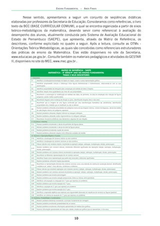10
ENSINO FUNDAMENTAL – ANOS FINAIS
Nesse sentido, apresentamos a seguir um conjunto de seqüências didáticas
elaboradas por professores da Secretaria de Educação. Consideramos como referências, o livro
texto da BCC (BASE CURRICULAR COMUM), a qual se encontra organizada a partir de eixos
teórico-metodológicos da matemática, devendo servir como referencial à avaliação do
desempenho dos alunos, atualmente conduzida pelo Sistema de Avaliação Educacional do
Estado de Pernambuco (SAEPE), que apresenta, através da Matriz de Referência, os
descritores, conforme explicitado no quadro a seguir. Após a leitura, consulte as OTMs -
Orientações Teórica Metodológicas, as quais são concebidas como referenciais estruturadores
das práticas de ensino da Matemática. Elas estão disponíveis no site da Secretaria,
www.educacao.pe.gov.br . Consulte também os materiais pedagógicos e atividades do GESTAR
II, disponíveis no site do MEC, www.mec.gov.br .
 