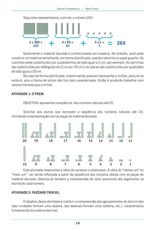Veja como representamos, com ele, o número 265:
Geralmente o material dourado é confeccionado em madeira. No entanto, você pode
construir um material semelhante, em forma planificada, usando cartolina ou papel guache. Os
cubinhos serão substituídos por quadradinhos de lado igual a 2 cm, por exemplo. As barrinhas
são substituídas por retângulos de 2 cm por 20 cm e as placas são substituídas por quadrados
de lado igual a 20 cm.
No caso da forma planificada, mesmo sendo possível representar o milhar, procura-se
evitá-lo, pois a forma de sólido não fica bem caracterizada. Então é prudente trabalhar com
valores menores que o milhar.
ATIVIDADE 1: O TREM.
OBJETIVO: apresentar a seqüência dos números naturais até 20.
Solicitar aos alunos que escrevam a seqüência dos números naturais até 20.
Utilizando a representação com as peças do material dourado.
Esta atividade desenvolve a idéia de sucessor e antecessor. A idéia do "menos um" ou
“mais um”, vai sendo reforçada a partir da seqüência dos números obtida com as peças do
material dourado. Valoriza-se também a compreensão do valor posicional dos algarismos na
escrita de cada número.
ATIVIDADE 2: FAZENDO TROCAS.
O objetivo dessa atividade é instituir a compreensão dos agrupamentos de dez em dez
(dez unidades formam uma dezena, dez dezenas formam uma centena, etc.), característica
fundamental do sistema decimal.
2 x 100 =
200
6 x 10 =
60
5 x 1 =
5
265
20 19 18 17 16 15 14 13 12 11
10 9 8 7 6 5 4 3 2 1
14
ENSINO FUNDAMENTAL – ANOS FINAIS
 