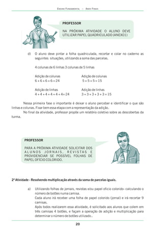 20
ENSINO FUNDAMENTAL – ANOS FINAIS
d) O aluno deve pintar a folha quadriculada, recortar e colar no caderno as
seguintes situações, utilizando a soma das parcelas.
4 colunas de 6 linhas 3 colunas de 5 linhas
Adição de colunas Adição de colunas
6 + 6 + 6 + 6 = 24 5 + 5 + 5 = 15
Adição de linhas Adição de linhas
4 + 4 + 4 + 4 + 4 + 4= 24 3 + 3 + 3 + 3 + 3 = 15
Nessa primeira fase o importante é deixar o aluno perceber e identificar o que são
linhas e colunas. Fixar bem essa etapa com a representação da adição.
No final da atividade, professor propõe um relatório coletivo sobre as descobertas da
turma.
2ª Atividade - Resolvendo multiplicação através da soma de parcelas iguais.
a) Utilizando folhas de jornais, revistas e/ou papel oficio colorido- calculando o
número de botões numa camisa.
Cada aluno irá receber uma folha de papel colorido (jornal) e irá recortar 9
camisas.
Após todos realizarem essa atividade, é solicitado aos alunos que colem em
três camisas 4 botões, e façam a operação de adição e multiplicação para
determinar o número de botões utilizado..
PROFESSOR
NA PRÓXIMA ATIVIDADE O ALUNO DEVE
UTILIZAR PAPEL QUADRICULADO (ANEXO1)
PROFESSOR
PARA A PRÓXIMA ATIVIDADE SOLICITAR DOS
A L U N O S J O R N A I S , R E V I S T A S E
PROVIDENCIAR SE POSSÍVEL FOLHAS DE
PAPEL OFÍCIO COLORIDO.
 