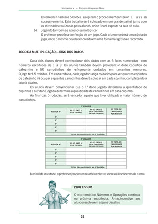 21
MATEMÁTICA – PROJETO APRENDER MAIS
Colem em 3 camisas 5 botões , e repitam o procedimento anterior. E a s s i m
sucessivamente. Este trabalho será colocado em um grande painel junto com
as atividades realizadas pelos alunos, onde ficará exposto na sala de aula.
b) Jogando também se aprende a multiplicar
O professor propõe a confecção de um jogo. Cada aluno receberá uma cópia do
jogo, onde o mesmo deverá ser colado em uma folha mais grossa e recortado.
JOGO DA MULTIPLICAÇÃO – JOGO DOS DADOS
Cada dois alunos deverá confeccionar dois dados com as 6 faces numeradas com
números escolhidos de 1 a 9. Os alunos também devem providenciar doze copinhos de
cafezinho e 50 canudinhos de refrigerante cortados em tamanhos menores.
O jogo terá 5 rodadas. Em cada rodada, cada jogador lança os dados para ver quantos copinhos
de cafezinho irá ocupar e quantos canudinhos deverá colocar em cada copinho, completando a
tabela abaixo.
Os alunos devem convencionar que o 1º dado jogado determina a quantidade de
copinhos e o 2º dado jogado determina a quantidade de canudinhos em cada copinho.
Ao final das 5 rodadas, será vencedor aquele que tiver utilizado o maior número de
canudinhos.
Nofinaldaatividade,oprofessorpropõeumrelatóriocoletivosobreasdescobertasdaturma.
1º JOGADOR
RODADA Nº
Nº DO DADO 1
(Nº DE COPINHOS)
Nº DO DADO 2
(Nº DE CANUDINHOS
EM CADA COPINHOS)
Nº TOTAL DE
CANUDINHOS
POR RODADA
1º
2º
3º
4º
5º
TOTAL DE CANUDINHOS NA 5ª RODADA
2º JOGADOR
RODADA Nº
Nº DO DADO 1
(Nº DE COPINHOS)
Nº DO DADO 2
(Nº DE CANUDINHOS
EM CADA COPINHOS)
Nº TOTAL DE
CANUDINHOS
POR RODADA
1º
2º
3º
4º
5º
TOTAL DE CANUDINHOS NA 5ª RODADA
PROFESSOR
O eixo temático Números e Operações continua
na próxima sequência. Antes,incentive aos
alunos resolverem alguns desafios
 