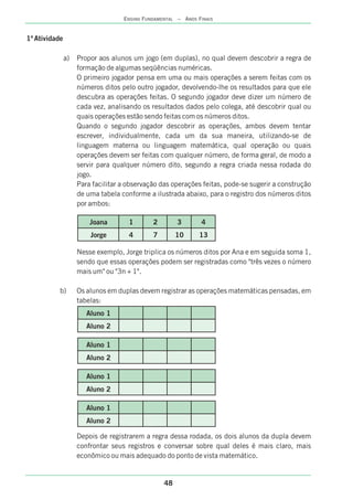 48
ENSINO FUNDAMENTAL – ANOS FINAIS
1ª Atividade
a) Propor aos alunos um jogo (em duplas), no qual devem descobrir a regra de
formação de algumas seqüências numéricas.
O primeiro jogador pensa em uma ou mais operações a serem feitas com os
números ditos pelo outro jogador, devolvendo-lhe os resultados para que ele
descubra as operações feitas. O segundo jogador deve dizer um número de
cada vez, analisando os resultados dados pelo colega, até descobrir qual ou
quais operações estão sendo feitas com os números ditos.
Quando o segundo jogador descobrir as operações, ambos devem tentar
escrever, individualmente, cada um da sua maneira, utilizando-se de
linguagem materna ou linguagem matemática, qual operação ou quais
operações devem ser feitas com qualquer número, de forma geral, de modo a
servir para qualquer número dito, segundo a regra criada nessa rodada do
jogo.
Para facilitar a observação das operações feitas, pode-se sugerir a construção
de uma tabela conforme a ilustrada abaixo, para o registro dos números ditos
por ambos:
Nesse exemplo, Jorge triplica os números ditos por Ana e em seguida soma 1,
sendo que essas operações podem ser registradas como "três vezes o número
mais um" ou "3n + 1".
b) Os alunos em duplas devem registrar as operações matemáticas pensadas, em
tabelas:
Depois de registrarem a regra dessa rodada, os dois alunos da dupla devem
confrontar seus registros e conversar sobre qual deles é mais claro, mais
econômico ou mais adequado do ponto de vista matemático.
Joana 1 2 3 4
Jorge 4 7 10 13
Aluno 1
Aluno 2
Aluno 1
Aluno 2
Aluno 1
Aluno 2
Aluno 1
Aluno 2
 
