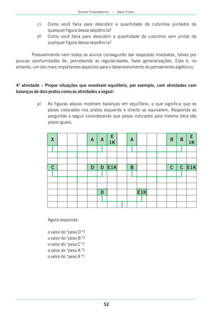 52
ENSINO FUNDAMENTAL – ANOS FINAIS
c) Como você faria para descobrir a quantidade de cubinhos pintados de
qualquer figura dessa seqüência?
d) Como você faria para descobrir a quantidade de cubinhos sem pintar de
qualquer figura dessa seqüência?
Possivelmente nem todos os alunos conseguirão dar respostas imediatas, talvez por
poucas oportunidades de, percebendo as regularidades, fazer generalizações. Este é, no
entanto, um dos mais importantes aspectos para o desenvolvimento do pensamento algébrico.
4ª atividade – Propor situações que envolvam equilíbrio, por exemplo, com atividades com
balanças de dois pratos como às atividades a seguir:
a) As figuras abaixo mostram balanças em equilíbrio, o que significa que os
pesos colocados nos pratos esquerdo e direito se equivalem. Responda as
perguntas a seguir considerando que pesos indicados pela mesma letra são
pesos iguais.
Agora responda:
o valor do "peso D "?
o valor do "peso B "?
o valor do "peso C "?
o valor do "peso A "?
o valor do "peso X "?
X A A
E
1K
A B B
E
1K
C D D E1K B C C E1K
D E1K
 
