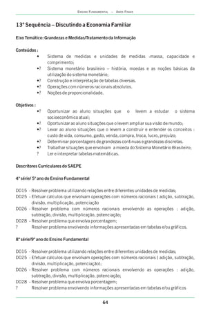 13º Sequência – Discutindo a Economia Familiar
Eixo Temático: Grandezas e Medidas/Tratamento da Informação
Conteúdos :
• Sistema de medidas e unidades de medidas :massa, capacidade e
comprimento;
•? Sistema monetário brasileiro – história, moedas e as noções básicas da
utilização do sistema monetário;
•? Construção e interpretação de tabelas diversas.
•? Operações com números racionais absolutos.
•? Noções de proporcionalidade.
Objetivos :
•? Oportunizar ao aluno situações que o levem a estudar o sistema
socioeconômico atual;
•? Oportunizar ao aluno situações que o levem ampliar sua visão de mundo;
•? Levar ao aluno situações que o levem a construir e entender os conceitos :
custo de vida, consumo, gasto, venda, compra, troca, lucro, prejuízo;
•? Determinar porcentagens de grandezas continuas e grandezas discretas.
•? Trabalhar situações que envolvam a moeda do Sistema Monetário Brasileiro;
? Ler e interpretar tabelas matemáticas.
Descritores Curriculares do SAEPE
4ª série/ 5º ano do Ensino Fundamental
D015 - Resolver problema utilizando relações entre diferentes unidades de medidas;
D025 - Efetuar cálculos que envolvam operações com números racionais ( adição, subtração,
divisão, multiplicação, potenciação
D026 - Resolver problema com números racionais envolvendo as operações : adição,
subtração, divisão, multiplicação, potenciação;
D028 - Resolver problema que envolva porcentagem;
? Resolver problema envolvendo informações apresentadas em tabelas e/ou gráficos.
8ª série/9º ano do Ensino Fundamental
D015 - Resolver problema utilizando relações entre diferentes unidades de medidas;
D025 - Efetuar cálculos que envolvam operações com números racionais ( adição, subtração,
divisão, multiplicação, potenciação);
D026 - Resolver problema com números racionais envolvendo as operações : adição,
subtração, divisão, multiplicação, potenciação;
D028 - Resolver problema que envolva porcentagem;
? Resolver problema envolvendo informações apresentadas em tabelas e/ou gráficos
64
ENSINO FUNDAMENTAL – ANOS FINAIS
 