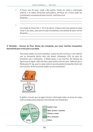 ? O Paulo, aos 20 anos, mede 1,82 metros. Tendo em conta a informação
anterior e os dados fornecidos pelo gráfico, verifique se o Paulo pode ser
Justifique
Indique
considerado uma pessoa de peso normal. a tua
Resposta__________________________________________________________
__________________________________________________________________
__________________________________________________________________
?
Um amigo do Paulo tem 1,70 m de altura. entre que valores se deve
situar o seu peso, para que ele seja considerado uma pessoa de peso normal
Resposta__________________________________________________________
__________________________________________________________________
__________________________________________________________________
3ª Atividade – Excesso de Peso: Muitos dos estudantes que usam mochilas transportam
diariamente peso a mais para a sua idade.
Para evitar lesões na coluna vertebral, o peso de uma mochila e o do material
que se transporta dentro dela não devem ultrapassar 10% do peso do
estudante que a transporta. .A Marta pesou a sua mochila. Na balança da
figura que se segue, está indicado o peso dessa mochila vazia. Sabendo que a
Marta pesa 51 kg, qual é o peso máximo que ela poderá transportar dentro da
sua mochila, de forma a evitar lesões na coluna vertebral?
O gráfico circular que se segue fornece informação sobre as zonas do corpo
onde as lesões provocadas por mochilas são mais freqüentes.
21%
12%
15%
26%
26%
Cabeça e face
Mãos, punhos e cotovelos
Ombros e costas
Pés e tornozelos
Outros
72
ENSINO FUNDAMENTAL – ANOS FINAIS
 