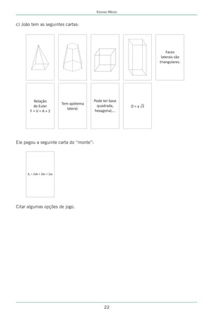 ENSINO MÉDIO


c) João tem as seguintes cartas:




                                                                      Faces
                                                                   laterais são
                                                                  triangulares.




        Relação                           Pode ter base
                            Tem apótema
        de Euler                           quadrada,      D=a 3
                               lateral.
       F+V=A+2                            hexagonal,...




Ele pegou a seguinte carta do “monte”:




     A1 = 2ab + 2bc + 2ac




Citar algumas opções de jogo.




                                               22
 