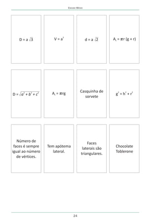 ENSINO MÉDIO




                           3
   D=a 3             V=a                      d=a 2      At = r (g + r)




      2   2   2
                    At = rg             Casquinha de       2    2   2
D= a +b +c                                                g =h +r
                                           sorvete




   Número de                                 Faces
 faces é sempre   Tem apótema                             Chocolate
                                          laterais são
igual ao número      lateral.                             Toblerone
                                         triangulares.
   de vértices.




                                   24
 