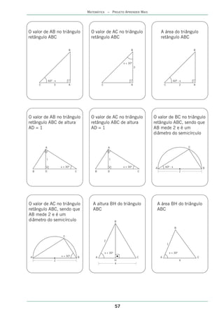 MATEMÁTICA – PROJETO APRENDER MAIS




O valor de AB no triângulo                     O valor de AC no triângulo                      A área do triângulo
retângulo ABC                                  retângulo ABC                                   retângulo ABC

                                 B                                            B                                              B



                                                                        x + 30º
                                                                                  3




                 60º - x                                                                                      60º - x
         C            3          A                   C                        A                    C               2         A




O valor de AB no triângulo                     O valor de AC no triângulo                 O valor de BC no triângulo
retângulo ABC de altura                        retângulo ABC de altura                    retângulo ABC, sendo que
AD = 1                                         AD = 1                                     AB mede 2 e é um
                                                                                          diâmetro do semicírculo


             A                                               A                                                           C



             1                                               1

                           x + 30º                                      x + 30º            A       60º - x                           B
     B       D                       C           B           D                        C                              2




O valor de AC no triângulo                      A altura BH do triângulo                   A área BH do triângulo
retângulo ABC, sendo que                        ABC                                        ABC
AB mede 2 e é um
diâmetro do semicírculo                                            B

                                                                                                               B


                             C
                                                         2
                                                                                                       1


                                                         x + 30º                                           x + 30º
 A                         x + 30º       B       A                                    C        A                                 C
                      2                                            H                                                 4
                                                                   4




                                                                   57
 
