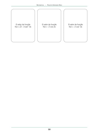 MATEMÁTICA – PROJETO APRENDER MAIS




 O valor da função            O valor da função             O valor da função
f(x) = 2 - 3 sen2 3x           f(x) = 2 cos 2x              f(x) = 2 cos2 3x




                                      59
 