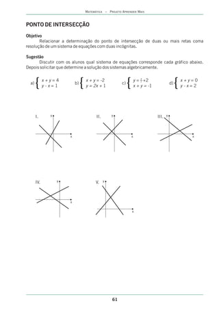 MATEMÁTICA – PROJETO APRENDER MAIS



PONTO DE INTERSECÇÃO
Objetivo
       Relacionar a determinação do ponto de intersecção de duas ou mais retas coma
resolução de um sistema de equações com duas incógnitas.

Sugestão
      Discutir com os alunos qual sistema de equações corresponde cada gráfico abaixo.
Depois solicitar que determine a solução dos sistemas algebricamente.



       {                        {                             {                                    {
                                                                          x
             x+y=4                  x + y = -2                        y = 2 +2                         x+y=0
  a)                       b)                            c)                                   d)
             y-x=1                  y = 2x + 1                        x + y = -1                       y-x=2




       I.      y                          II.       y                              III.   y




                       x                                          x                                       x




       IV.         y                      V.    y




                       x

                                                                  x




                                                    61
 