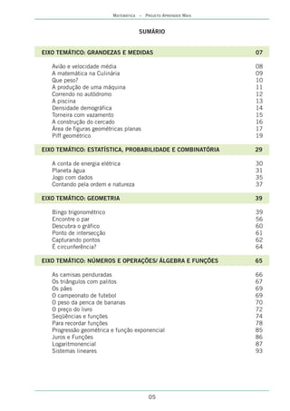 MATEMÁTICA – PROJETO APRENDER MAIS


                                     SUMÁRIO


EIXO TEMÁTICO: GRANDEZAS E MEDIDAS                             07

   Avião e velocidade média                                    08
   A matemática na Culinária                                   09
   Que peso?                                                   10
   A produção de uma máquina                                   11
   Correndo no autódromo                                       12
   A piscina                                                   13
   Densidade demográfica                                       14
   Torneira com vazamento                                      15
   A construção do cercado                                     16
   Área de figuras geométricas planas                          17
   Piff geométrico                                             19

EIXO TEMÁTICO: ESTATÍSTICA, PROBABILIDADE E COMBINATÓRIA       29

   A conta de energia elétrica                                 30
   Planeta água                                                31
   Jogo com dados                                              35
   Contando pela ordem e natureza                              37

EIXO TEMÁTICO: GEOMETRIA                                       39

   Bingo trigonométrico                                        39
   Encontre o par                                              56
   Descubra o gráfico                                          60
   Ponto de intersecção                                        61
   Capturando pontos                                           62
   É circunferência?                                           64

EIXO TEMÁTICO: NÚMEROS E OPERAÇÕES/ ÁLGEBRA E FUNÇÕES          65

   As camisas penduradas                                       66
   Os triângulos com palitos                                   67
   Os pães                                                     69
   O campeonato de futebol                                     69
   O peso da penca de bananas                                  70
   O preço do livro                                            72
   Seqüências e funções                                        74
   Para recordar funções                                       78
   Progressão geométrica e função exponencial                  85
   Juros e Funções                                             86
   Logaritmonencial                                            87
   Sistemas lineares                                           93




                                         05
 