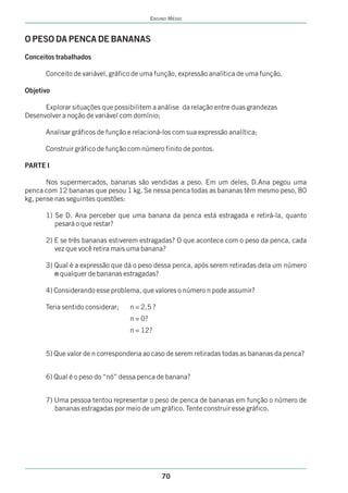 ENSINO MÉDIO



O PESO DA PENCA DE BANANAS
Conceitos trabalhados

      Conceito de variável, gráfico de uma função, expressão analítica de uma função.

Objetivo

      Explorar situações que possibilitem a análise da relação entre duas grandezas
Desenvolver a noção de variável com domínio;

      Analisar gráficos de função e relacioná-los com sua expressão analítica;

      Construir gráfico de função com número finito de pontos.

PARTE I

       Nos supermercados, bananas são vendidas a peso. Em um deles, D.Ana pegou uma
penca com 12 bananas que pesou 1 kg. Se nessa penca todas as bananas têm mesmo peso, 80
kg, pense nas seguintes questões:

      1) Se D. Ana perceber que uma banana da penca está estragada e retirá-la, quanto
         pesará o que restar?

      2) E se três bananas estiverem estragadas? O que acontece com o peso da penca, cada
         vez que você retira mais uma banana?

      3) Qual é a expressão que dá o peso dessa penca, após serem retiradas dela um número
         n qualquer de bananas estragadas?

      4) Considerando esse problema, que valores o número n pode assumir?

      Teria sentido considerar;   n = 2,5 ?
                                  n = 0?
                                  n = 12?


      5) Que valor de n corresponderia ao caso de serem retiradas todas as bananas da penca?


      6) Qual é o peso do “nó” dessa penca de banana?


      7) Uma pessoa tentou representar o peso de penca de bananas em função o número de
         bananas estragadas por meio de um gráfico. Tente construir esse gráfico.




                                               70
 