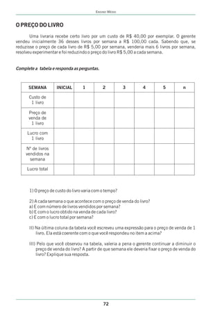 ENSINO MÉDIO



O PREÇO DO LIVRO
       Uma livraria recebe certo livro por um custo de R$ 40,00 por exemplar. O gerente
vendeu inicialmente 36 desses livros por semana a R$ 100,00 cada. Sabendo que, se
reduzisse o preço de cada livro de R$ 5,00 por semana, venderia mais 6 livros por semana,
resolveu experimentar e foi reduzindo o preço do livro R$ 5,00 a cada semana.


Complete a tabela e responda as perguntas.



      SEMANA        INICIAL       1          2          3         4          5          n

      Custo de
       1 livro

      Preço de
      venda de
       1 livro

     Lucro com
       1 livro

     Nº de livros
     vendidos na
       semana

     Lucro total



      1) O preço de custo do livro varia com o tempo?

      2) A cada semana o que acontece com o preço de venda do livro?
      a) E com número de livros vendidos por semana?
      b) E com o lucro obtido na venda de cada livro?
      c) E com o lucro total por semana?

      II) Na última coluna da tabela você escreveu uma expressão para o preço de venda de 1
          livro. Ela está coerente com o que você respondeu no item a acima?

      III) Pelo que você observou na tabela, valeria a pena o gerente continuar a diminuir o
          preço de venda do livro? A partir de que semana ele deveria fixar o preço de venda do
          livro? Explique sua resposta.




                                             72
 