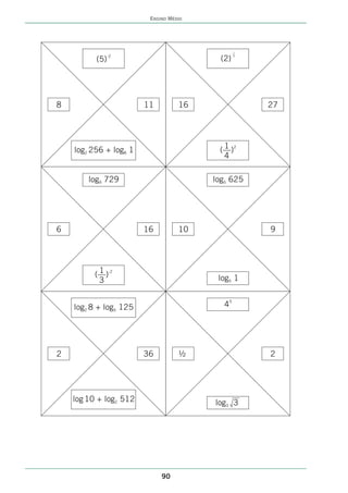 ENSINO MÉDIO




                                             1
                                            -—
             -2                              3
          (5)                             (2)




8                       11         16              27




    log2 256 + log8 1                     1
                                         (—)2
                                          4

        log9 729                        log5 625




6                       16         10              9




           1
          (—)-2
           3                             log5 1


    log2 8 + log5 125                      45




2                       36         ½               2




    log 10 + log2 512                   log3 3




                             90
 