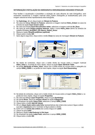 Capítulo 6 – Realizando uma análise hidrológica e topográfica
Dados espaciais disponibilizados pelo sistema GEOBASES – ES_________________________________________________________________ . 100
VETORIZAÇÃO E ROTULAÇÃO DA HIDROGRAFIA HIERARQUIZADA SEGUNDO STRAHLER
Para facilitar a visualização e possibilitar a rotulação de cada afluente da rede hidrográfica, será
necessário transformar a imagem matricial Hidro_Ordem (hidrografia já reclassificada) para uma
imagem vetorial de linhas representando esta hidrografia.
1. No Hydrology, dê um clique duplo em Stream to Feature.
2. Na caixa de diálogo Stream to Feature, selecione a imagem matricial Hidro_Ordem na caixa de
entrada da opção Input stream raster.
3. Na caixa de entrada Input flow direction raster, selecione a imagem matricial dir_fluxo.
4. Na caixa de saída Output polyline features, digite o nome Hidro_Vetor dentro do diretório de
trabalho C:Livro_ArcGIS9.3_ES Banco_Dados_Arace.
5. Marque a opção Simplify polylines (optional).
6. Clique sobre o botão OK.
7. Após alguns segundos, clique sobre o botão Close da caixa de mensagem Stream to Feature.
8. Na tabela de conteúdos, clique com o botão direito do mouse sobre a imagem matricial
Hidro_Vetor e, na janela de menu rápido, clique na opção Open Attribute Table.
9. Na janela Attributes of Hidro_Vetor, clique com o botão direito do mouse sobre o cabeçalho do
campo GRID_CODE e, na janela de menu rápido, clique na opção Sort Descending.
10. Na tabela de conteúdos, clique com o botão direito do mouse sobre a imagem Hidro_Vetor e, na
janela de menu rápido, clique na opção Properties.
11. Na caixa de diálogo Layer Properties, clique na guia Symbology.
12. No painel Show, clique em Unique values da opção Categories.
13. No dropdown da opção Value Field, selecione o campo GRID_CODE
14. Clique sobre o botão Add All Values.
15. Dê um clique duplo sobre cada linha representativas das ordens dos cursos d`água e altere
sua cor e espessura como mostrado na figura abaixo a direita.
16. Entre com os nomes das ordens dos cursos d’água em Label.
17. Clique na guia Label.
18. Marque a opção Label features in this layer.
19. No dropdown da opção Label Field, selecione o campo GRID_CODE.
20. Clique sobre o botão OK.
8
2
3
4
6
51
9
7
 