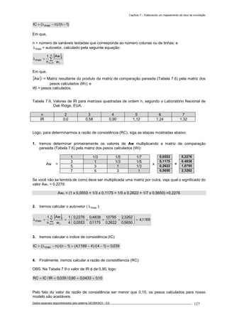 Capítulo 7 – Elaborando um mapeamento de risco de inundação
Dados espaciais disponibilizados pelo sistema GEOBASES – ES_________________________________________________________________ . 127
)1n/()n(IC max −−λ=
Em que,
n = número de variáveis testadas que corresponde ao número colunas ou de linhas; e
maxλ = autovetor, calculado pela seguinte equação:
[ ]
∑
=
=λ
n
1i i
i
max
w
Aw
n
1
Em que,
[ ]Aw i = Matriz resultante do produto da matriz de comparação pareada (Tabela 7.6) pela matriz dos
pesos calculados (Wi); e
Wi = pesos calculados.
Tabela 7.9. Valores de IR para matrizes quadradas de ordem n, segundo o Laboratório Nacional de
Oak Ridge, EUA.
n 2 3 4 5 6 7
IR 0,0 0,58 0,90 1,12 1,24 1,32
Logo, para determinarmos a razão de consistência (RC), siga as etapas mostradas abaixo:
1. Iremos determinar primeiramente os valores de Aw multiplicando a matriz de comparação
pareada (Tabela 7.6) pela matriz dos pesos calculados (Wi):
Aw =
1 1/3 1/5 1/7
x
0,0553
=
0,2276
3 1 1/3 1/5 0,1175 0.4838
5 3 1 1/3 0,2622 1,0795
7 5 3 1 0,5650 2,3262
Se você não se lembra de como deve ser multiplicada uma matriz por outra, veja qual o significado do
valor Aw1 = 0,2276:
Aw1 = (1 x 0,0553 + 1/3 x 0,1175 + 1/5 x 0,2622 + 1/7 x 0,5650) =0,2276
2. Iremos calcular o autovetor ( maxλ ):
[ ]
1169,4
5650,0
3262,2
2622,0
0795,1
1175,0
4838,0
0553,0
2276,0
4
1
w
Aw
n
1 n
1i i
i
max =





+++==λ ∑
=
3. Iremos calcular o índice de consistência (IC):
039,0)14/()41169,4()1n/()n(IC max =−−=−−λ=
4. Finalmente, iremos calcular a razão de consist6encia (RC):
OBS: Na Tabela 7.9 o valor de IR é de 0,90, logo:
10,00433,090,0/039,0IR/ICRC <===
Pelo fato do valor da razão de consistência ser menor que 0,10, os pesos calculados para nosso
modelo são aceitáveis.
 