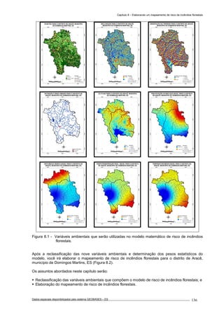 Capítulo 8 – Elaborando um mapeamento de risco de incêndios florestais
Dados espaciais disponibilizados pelo sistema GEOBASES – ES_________________________________________________________________ . 136
280000
280000
290000
290000
300000
300000
7730000
7730000
7740000
7740000
7750000
7750000
7760000
7760000
VEGETÃO PARA O DISTRITO DE ARACÊ, MUNICÍPIO
DE DOMINGOS MARTINS, ES
2 0 2 4 61
km
Hidrografia
Hidrografia
Vias Urbanas
Vias Urbanas
Vias Interurbanas
Vias Interurbanas
Vegetacao
Agricultura
Cobertura vegetal
Pastagem
280000
280000
290000
290000
300000
300000
7730000
7730000
7740000
7740000
7750000
7750000
7760000
7760000
DECLIVIDADE PARA O DISTRITO DE ARACÊ,
MUNICÍPIO DE DOMINGOS MARTINS, ES
Declividade
> 100 %
0
Hidrografia
Córregos
Ribeirões
Rio Barcelos
Rio Jucu Braço Norte
Rio Jucu Braço Sul
2 0 2 4 61
km
280000
280000
290000
290000
300000
300000
7730000
7730000
7740000
7740000
7750000
7750000
7760000
7760000
ORIENTAÇÃO DO TERRENO PARA O DISTRITO DE ARACÊ,
MUNICÍPIO DE DOMINGOS MARTINS, ES
Orientação do Terreno
360 graus
0 graus
Hidrografia
Córregos
Ribeirões
Rio Barcelos
Rio Jucu Braço Norte
Rio Jucu Braço Sul
2 0 2 4 61
km
280000
280000
290000
290000
300000
300000
7730000
7730000
7740000
7740000
7750000
7750000
7760000
7760000
ESTRADAS E ÁREA URBANA PARA O DISTRITO DE
ARACÊ, MUNICÍPIO DE DOMINGOS MARTINS, ES
Estradas e Área Urbana
Area urbana
Estradas
2 0 2 4 61
km
280000
280000
290000
290000
300000
300000
7730000
7730000
7740000
7740000
7750000
7750000
7760000
7760000
ALTITUDE PARA O DISTRITO DE ARACÊ, MUNICÍPIO
DE DOMINGOS MARTINS, ES
2 0 2 4 61
km
Altitude
1.900 m
800 m
Hidrografia
Córregos
Ribeirões
Rio Barcelos
Rio Jucu Braço Norte
Rio Jucu Braço Sul
280000
280000
290000
290000
300000
300000
7730000
7730000
7740000
7740000
7750000
7750000
7760000
7760000
PRECIPITAÇÃO ACUMULADA ANUAL PARA O DISTRITO
DE ARACÊ, MUNICÍPIO DE DOMINGOS MARTINS, ES
Precipitacao
1.435,85 mm
1.139,21 mm
Hidrografia
Córregos
Ribeirões
Rio Barcelos
Rio Jucu Braço Norte
Rio Jucu Braço Sul
2 0 2 4 61
km
280000
280000
290000
290000
300000
300000
7730000
7730000
7740000
7740000
7750000
7750000
7760000
7760000
DEFICIÊNCIA HÍDRICA ANUAL PARA O DISTRITO DE
ARACÊ, MUNICÍPIO DE DOMINGOS MARTINS, ES
2 0 2 4 61
km
Deficiência Hídrica
56,26 mm
10 mm
Hidrografia
Córregos
Ribeirões
Rio Barcelos
Rio Jucu Braço Norte
Rio Jucu Braço Sul
280000
280000
290000
290000
300000
300000
7730000
7730000
7740000
7740000
7750000
7750000
7760000
7760000
EVAPOTRANSPIRAÇÃO REAL ANUAL PARA O DISTRITO
DE ARACÊ, MUNICÍPIO DE DOMINGOS MARTINS, ES
2 0 2 4 61
km
Evapotranspiração
946,90 mm
787,03 mm
Hidrografia
Córregos
Ribeirões
Rio Barcelos
Rio Jucu Braço Norte
Rio Jucu Braço Sul
280000
280000
290000
290000
300000
300000
7730000
7730000
7740000
7740000
7750000
7750000
7760000
7760000
TEMPERATURA MÉDIA ANUAL PARA O DISTRITO DE
ARACÊ, MUNICÍPIO DE DOMINGOS MARTINS, ES
Temperatura
20,27 *C
17,40 *C
Hidrografia
Córregos
Ribeirões
Rio Barcelos
Rio Jucu Braço Norte
Rio Jucu Braço Sul
2 0 2 4 61
km
Figura 8.1 - Variáveis ambientais que serão utilizadas no modelo matemático de risco de incêndios
florestais.
Após a reclassificação das nove variáveis ambientais e determinação dos pesos estatísticos do
modelo, você irá elaborar o mapeamento de risco de incêndios florestais para o distrito de Aracê,
município de Domingos Martins, ES (Figura 8.2).
Os assuntos abordados neste capítulo serão:
Reclassificação das variáveis ambientais que compõem o modelo de risco de incêndios florestais; e
Elaboração do mapeamento de risco de incêndios florestais.
 