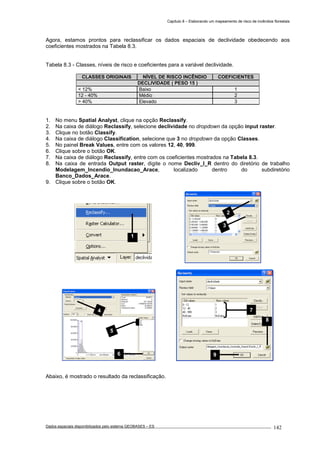 Capítulo 8 – Elaborando um mapeamento de risco de incêndios florestais
Dados espaciais disponibilizados pelo sistema GEOBASES – ES_________________________________________________________________ . 142
Agora, estamos prontos para reclassificar os dados espaciais de declividade obedecendo aos
coeficientes mostrados na Tabela 8.3.
Tabela 8.3 - Classes, níveis de risco e coeficientes para a variável declividade.
CLASSES ORIGINAIS NÍVEL DE RISCO INCÊNDIO COEFICIENTES
DECLIVIDADE ( PESO 15 )
< 12% Baixo 1
12 - 40% Médio 2
> 40% Elevado 3
1. No menu Spatial Analyst, clique na opção Reclassify.
2. Na caixa de diálogo Reclassify, selecione declividade no dropdown da opção input raster.
3. Clique no botão Classify.
4. Na caixa de diálogo Classification, selecione que 3 no dropdown da opção Classes.
5. No painel Break Values, entre com os valores 12, 40, 999.
6. Clique sobre o botão OK.
7. Na caixa de diálogo Reclassify, entre com os coeficientes mostrados na Tabela 8.3.
8. Na caixa de entrada Output raster, digite o nome Decliv_I_R dentro do diretório de trabalho
Modelagem_Incendio_Inundacao_Arace, localizado dentro do subdiretório
Banco_Dados_Arace.
9. Clique sobre o botão OK.
Abaixo, é mostrado o resultado da reclassificação.
9
8
74
5
6
2
3
1
 