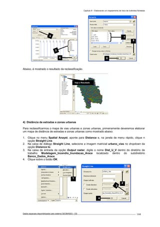 Capítulo 8 – Elaborando um mapeamento de risco de incêndios florestais
Dados espaciais disponibilizados pelo sistema GEOBASES – ES_________________________________________________________________ . 144
Abaixo, é mostrado o resultado da reclassificação.
4) Distância de estradas e zonas urbanas
Para reclassificarmos o mapa de vias urbanas e zonas urbanas, primeiramente deveremos elaborar
um mapa de distância de estradas e zonas urbanas como mostrado abaixo.
1. Clique no menu Spatial Anayst, aponte para Distance e, na janela de menu rápido, clique n
opção Straight Line.
2. Na caixa de diálogo Straight Line, selecione a imagem matricial urbano_vias no dropdown da
opção Distance to.
3. Na caixa de entrada da opção Output raster, digite o nome Dist_U_V dentro do diretório de
trabalho Modelagem_Incendio_Inundacao_Arace localizado dentro do subdiretório
Banco_Dados_Arace.
4. Clique sobre o botão OK.
Veja o Resultado
2
3
4
1
9
8
74
5
6
 