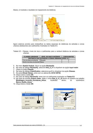 Capítulo 8 – Elaborando um mapeamento de risco de incêndios florestais
Dados espaciais disponibilizados pelo sistema GEOBASES – ES_________________________________________________________________ . 145
Abaixo, é mostrado o resultado do mapeamento de distância.
Agora estamos prontos para reclassificar os dados espaciais de distâncias de estradas e zonas
urbanas obedecendo aos coeficientes mostrados na Tabela 8.5.
Tabela 8.5 - Classes, níveis de risco e coeficientes para a variável distância de estradas e zonas
urbanas.
CLASSES ORIGINAIS NÍVEL DE RISCO INCÊNDIO COEFICIENTES
DISTÂNCIA DAS ESTRADAS E ZONAS URBANAS (PESO 15 )
Fora da área envolvente Elevado 3
Dentro da área envolvente Baixo 1
5. No menu Spatial Analyst, clique na opção Reclassify.
6. Na caixa de diálogo Reclassify, selecione Dist_U_V no dropdown da opção input raster.
7. Clique no botão Classify.
8. Na caixa de diálogo Classification, selecione que 2 no dropdown da opção Classes.
9. No painel Break Values, entre com os valores 0 e 2318.145752.
10. Clique sobre o botão OK.
11. Na caixa de diálogo Reclassify, entre com os coeficientes mostrados na Tabela 8.5.
12. Na caixa de entrada Output raster, digite o nome Dist_U_V_I_R dentro do diretório de trabalho
Modelagem_Incendio_Inundacao_Arace, localizado dentro do subdiretório
Banco_Dados_Arace.
13. Clique sobre o botão OK.
6
7
5
 