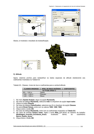 Capítulo 8 – Elaborando um mapeamento de risco de incêndios florestais
Dados espaciais disponibilizados pelo sistema GEOBASES – ES_________________________________________________________________ . 146
Abaixo, é mostrado o resultado da reclassificação.
5) Altitude
Agora, estamos prontos para reclassificar os dados espaciais de altitude obedecendo aos
coeficientes mostrados na Tabela 8.6.
Tabela 8.6 - Classes, níveis de risco e coeficientes para a variável altitude.
CLASSES ORIGINAIS NÍVEL DE RISCO INCÊNDIO COEFICIENTES
ALTITUDE (PESO 7)
800 – 1.000 m Médio 2
1.000 – 1.200 m Elevado 3
1.200 – 1.900 m Baixo 1
1. No menu Spatial Analyst, clique na opção Reclassify.
2. Na caixa de diálogo Reclassify, selecione mde no dropdown da opção input raster.
3. Clique no botão Classify.
4. Na caixa de diálogo Classification, selecione que 3 no dropdown da opção Classes.
5. No painel Break Values, entre com os valores 1000, 1200, 1900.
6. Clique sobre o botão OK.
7. Na caixa de diálogo Reclassify, entre com os coeficientes mostrados na Tabela 8.6.
8. Na caixa de entrada Output raster, digite o nome Mde_I_R dentro do diretório de trabalho
Modelagem_Incendio_Inundacao_Arace, localizado dentro do subdiretório
Banco_Dados_Arace.
9. Clique sobre o botão OK.
Veja o resultado
13
12
11
8
9
10
 