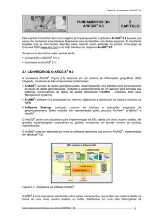 Capítulo 2 – Fundamentos do ArcGIS
®
9.3
Dados espaciais disponibilizados pelo sistema GEOBASES – ES_________________________________________________________________ . 15
PONTOS LINHAS TIN GRADE
FUNDAMENTOS DO
ARCGIS®
9.3
2
CAPÍTULO
Este capítulo introdutório tem como objetivo principal apresentar o aplicativo ArcGIS
®
9.3 àqueles que
ainda não conhecem essa fabulosa ferramenta para se trabalhar com dados espaciais. É importante
ressaltar que as informações descritas neste capítulo foram extraídas da própria home-page da
Empresa ESRI (www.esri.com) e do help interativo do programa ArcGIS
®
9.3.
Os assuntos abordados neste capítulo serão:
Conhecendo o ArcGIS
®
9.3; e
Novidades do ArcGIS
®
9.3.
2.1 CONHECENDO O ARCGIS®
9.3.
A arquitetura ArcGIS
®
(Figura 2.1) traduz-se em um sistema de informações geográficas (SIG)
integrado, constando de três componentes fundamentais:
• ArcSDE
®
: servidor de dados georeferenciados, disponibilizando uma interface para gerenciamento
de bases de dados georelacionais, mediante o estabelecimento de um gateway para conexão aos
Sistemas Gerenciadores de Bases de Dados Relacionais (RDBMS - Relational Data Base
Management Systems);
• ArcIMS
®
: software GIS ambientado em internet, objetivando a distribuição de dados e serviços via
WEB;
• Softwares Desktop: avançado conjunto de módulos e aplicações integradas de
geoprocessamento. Estes módulos são representados pelos produtos ArcView
®
, ArcEditor
®
e
ArcInfo
®
.
O ArcGIS
®
provê uma arquitetura para implementação de SIG, desde um único usuário isolado, até
grandes implementações corporativas ou globais, envolvendo um grande número de usuários
especializados.
O ArcGIS
®
pode ser extendido por meio de softwares adicionais, tais como o ArcPAD
®
, implementado
em Windows
®
CE.
Figura 2.1 - Arquitetura de software ArcGIS
®
.
ArcGIS
®
é uma arquitetura estruturada sobre partes componentes, que podem ser implementadas na
forma de uma único usuário isolado, ou então, distribuídos em uma rede heterogênea de
 