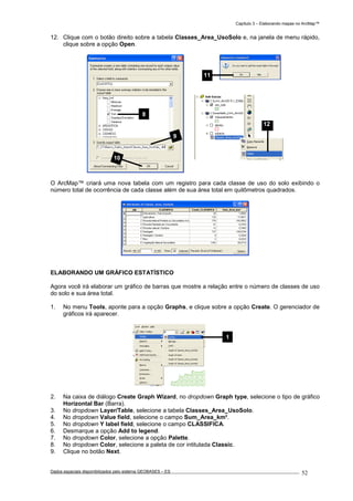 Capítulo 3 – Elaborando mapas no ArcMap™
Dados espaciais disponibilizados pelo sistema GEOBASES – ES_________________________________________________________________ . 52
12. Clique com o botão direito sobre a tabela Classes_Area_UsoSolo e, na janela de menu rápido,
clique sobre a opção Open.
O ArcMap™ criará uma nova tabela com um registro para cada classe de uso do solo exibindo o
número total de ocorrência de cada classe além de sua área total em quilômetros quadrados.
ELABORANDO UM GRÁFICO ESTATÍSTICO
Agora você irá elaborar um gráfico de barras que mostre a relação entre o número de classes de uso
do solo e sua área total.
1. No menu Tools, aponte para a opção Graphs, e clique sobre a opção Create. O gerenciador de
gráficos irá aparecer.
2. Na caixa de diálogo Create Graph Wizard, no dropdown Graph type, selecione o tipo de gráfico
Horizontal Bar (Barra).
3. No dropdown Layer/Table, selecione a tabela Classes_Area_UsoSolo.
4. No dropdown Value field, selecione o campo Sum_Area_km².
5. No dropdown Y label field, selecione o campo CLASSIFICA.
6. Desmarque a opção Add to legend.
7. No dropdown Color, selecione a opção Palette.
8. No dropdown Color, selecione a paleta de cor intitulada Classic.
9. Clique no botão Next.
12
11
8
9
10
1
 