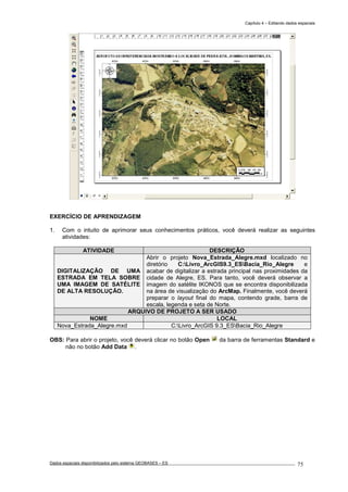 Capítulo 4 – Editando dados espaciais
Dados espaciais disponibilizados pelo sistema GEOBASES – ES_________________________________________________________________ . 75
EXERCÍCIO DE APRENDIZAGEM
1. Com o intuito de aprimorar seus conhecimentos práticos, você deverá realizar as seguintes
atividades:
ATIVIDADE DESCRIÇÃO
DIGITALIZAÇÃO DE UMA
ESTRADA EM TELA SOBRE
UMA IMAGEM DE SATÉLITE
DE ALTA RESOLUÇÃO.
Abrir o projeto Nova_Estrada_Alegre.mxd localizado no
diretório C:Livro_ArcGIS9.3_ESBacia_Rio_Alegre e
acabar de digitalizar a estrada principal nas proximidades da
cidade de Alegre, ES. Para tanto, você deverá observar a
imagem do satélite IKONOS que se encontra disponibilizada
na área de visualização do ArcMap. Finalmente, você deverá
preparar o layout final do mapa, contendo grade, barra de
escala, legenda e seta de Norte.
ARQUIVO DE PROJETO A SER USADO
NOME LOCAL
Nova_Estrada_Alegre.mxd C:Livro_ArcGIS 9.3_ESBacia_Rio_Alegre
OBS: Para abrir o projeto, você deverá clicar no botão Open da barra de ferramentas Standard e
não no botão Add Data .
 