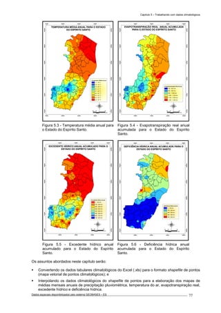 Capítulo 5 – Trabalhando com dados climatológicos
Dados espaciais disponibilizados pelo sistema GEOBASES – ES_________________________________________________________________ . 77
180000
180000
260000
260000
340000
340000
420000
420000
7640000
7640000
7720000
7720000
7800000
7800000
7880000
7880000
7960000
7960000
8040000
8040000
30 0 3015
km
TEMPERATURA MÉDIA ANUAL PARA O ESTADO
DO ESPÍRITO SANTO
Temperatura Média Anual
17 - 18
18 - 19
19 - 20
20 - 21
21 - 22
22 - 23
23 - 24
24 - 25
25 - 26
o
C
o
C
o
C
o
C
o
C
o
C
o
C
o
C
o
C
260000
260000
340000
340000
420000
420000
500000
500000
7640000
7640000
7720000
7720000
7800000
7800000
7880000
7880000
7960000
7960000
8040000
8040000
30 0 3015
km
EVAPOTRANSPIRAÇÃO REAL ANUAL ACUMULADA
PARA O ESTADO DO ESPÍRITO SANTO
Evapotranspiração Real Anual
700 - 800 mm
800 - 900 mm
900 - 1.000 mm
1.000 - 1.100 mm
1.100 - 1.200 mm
1.200 - 1.300 mm
Figura 5.3 - Temperatura média anual para
o Estado do Espírito Santo.
Figura 5.4 - Evapotranspiração real anual
acumulada para o Estado do Espírito
Santo.
260000
260000
340000
340000
420000
420000
500000
500000
7640000
7640000
7720000
7720000
7800000
7800000
7880000
7880000
7960000
7960000
8040000
8040000
30 0 3015
km
EXCEDENTE HÍDRICO ANUAL ACUMULADO PARA O
ESTADO DO ESPÍRITO SANTO
Excedente Hídrico Anual
0 - 100 mm
100 - 200 mm
200 - 300 mm
300 - 400 mm
400 - 500 mm
500 - 600 mm
600 - 700 mm
700 - 800 mm
Figura 5.5 - Excedente hídrico anual
acumulado para o Estado do Espírito
Santo.
Figura 5.6 - Deficiência hídrica anual
acumulada para o Estado do Espírito
Santo.
Os assuntos abordados neste capítulo serão:
Convertendo os dados tabulares climatológicos do Excel (.xls) para o formato shapefile de pontos
(mapa vetorial de pontos climatológicos); e
Interpolando os dados climatológicos do shapefile de pontos para a elaboração dos mapas de
médias mensais anuais de precipitação pluviométrica, temperatura do ar, evapotranspiração real,
excedente hídrico e deficiência hídrica.
260000
260000
340000
340000
420000
420000
500000
500000
7640000
7640000
7720000
7720000
7800000
7800000
7880000
7880000
7960000
7960000
8040000
8040000
30 0 3015
km
DEFICIÊNCIA HÍDRICA ANUAL ACUMULADO PARA O
ESTADO DO ESPÍRITO SANTO
Deficiência Hídrica Anual
0 - 100 mm
100 - 200 mm
200 - 300 mm
300 - 400 mm
400 - 500 mm
A
 