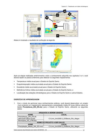 Capítulo 5 – Trabalhando com dados climatológicos
Dados espaciais disponibilizados pelo sistema GEOBASES – ES_________________________________________________________________ . 85
Abaixo é mostrado o resultado da confecção da legenda.
Após as etapas realizadas anteriormente e todo o conhecimento adquirido nos capítulos 3 e 4, você
deverá repetir os passos anteriores para elaborar os seguintes mapeamentos:
Temperatura média anual para o Estado do Espírito Santo;
Evapotranspração média acumulada anual para o Estado do Espírito Santo;
Excedente médio acumulado anual para o Estado do Espírito Santo;
Deficiência hídrica média acumulada anual para o Estado do Espírito Santo; e
Localização das estações climatológicas para o Estado do Espírito Santo e outros Estados.
EXERCÍCIO DE APRENDIZAGEM
1. Com o intuito de aprimorar seus conhecimentos práticos, você deverá desenvolver um projeto
.mxd contendo um mapeamento representando a precipitação média 24 horas (última coluna da
tabela Precipitacao_24h_ES.xls) para o Estado do Espírito Santo, utilizando os seguintes
dados:
ARQUIVOS A SEREM USADOS
NOME LOCAL
Precipitacao_24h_ES.xls
(Microsoft Office Excel) C:Livro_ArcGIS9.3_ESBacia_Rio_Alegre
Municipios_ES_UTM.shp
NOME DO PROJETO A SER SALVO
NOME LOCAL
Precipitação_Média_24h_ES.mxd C:Livro_ArcGIS9.3_ESBacia_Rio_Alegre
25
26
27
29
30
28
31
 
