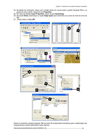 Capítulo 6 – Realizando uma análise hidrológica e topográfica
Dados espaciais disponibilizados pelo sistema GEOBASES – ES_________________________________________________________________ . 90
24. Na tabela de conteúdos, clique com o botão direito do mouse sobre a grade triangular Tin e, na
janela de menu rápido, clique em em Properties.
25. Na caixa de diálogo Layer Properties, clique na guia Symbology.
26. No painel Show, desmarque a opção Edge types para retirarmos as curvas de nível de cima do
Tin.
27. Clique sobre o botão OK.
Abaixo é mostrado a grade triangular Tin que será de fundamental importância para a elaboração dos
mapeamentos a serem elaborados neste capítulo.
25
27
20 21
22
23
18
16
17
15
24
19
 