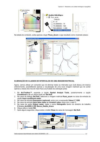 Capítulo 6 – Realizando uma análise hidrológica e topográfica
Dados espaciais disponibilizados pelo sistema GEOBASES – ES_________________________________________________________________ . 97
Na tabela de conteúdo, exiba apenas a layer Fluxo_Acum e veja resultado como mostrado abaixo.
ELIMINAÇÃO DE CLASSES DE INTERVALOS DE UMA IMAGEM MATRICIAL
Agora, vamos utilizar um comando que irá eliminar todos os intervalos que você deixou em branco
anteriormente, possibilitando apenas a visualização de uma nova imagem matricial que irá conter
apenas a classe dos rios de maior fluxo acumulado de coloração preta.
1. No ArcToolbox™, expanda a opção Spatial Analyst Tools, posteriormente a opção
Conditional e dê um clique duplo em Set Null.
2. Na caixa de diálogo Set Null, selecione a imagem matricial fluxo_acum na caixa de entrada da
opção Input conditional raster.
3. Na caixa de entrada Expression (optional), entre com a expressão Value LT 1500.
4. Na caixa de entrada Input false raster or constant value, entre com o valor 1.
5. Na caixa de saída Output raster, digite o nome Hidrografia dentro do diretório de trabalho
C:Livro_ArcGIS9.3_ES Banco_Dados_Arace.
6. Clique sobre o botão OK.
7. Após alguns segundos, clique sobre o botão Close da caixa de mensagem Set Null.
13
2
3
4
5
6
15
7
1
12
 