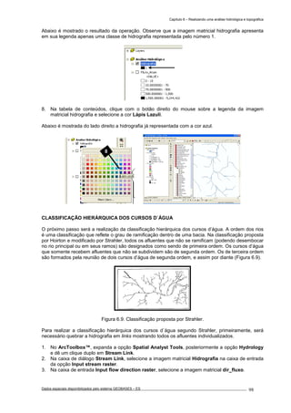 Capítulo 6 – Realizando uma análise hidrológica e topográfica
Dados espaciais disponibilizados pelo sistema GEOBASES – ES_________________________________________________________________ . 98
Abaixo é mostrado o resultado da operação. Observe que a imagem matricial hidrografia apresenta
em sua legenda apenas uma classe de hidrografia representada pelo número 1.
8. Na tabela de conteúdos, clique com o botão direito do mouse sobre a legenda da imagem
matricial hidrografia e selecione a cor Lápis Lazuli.
Abaixo é mostrada do lado direito a hidrografia já representada com a cor azul.
CLASSIFICAÇÃO HIERÁRQUICA DOS CURSOS D`ÁGUA
O próximo passo será a realização da classificação hierárquica dos cursos d’água. A ordem dos rios
é uma classificação que reflete o grau de ramificação dentro de uma bacia. Na classificação proposta
por Hoirton e modificado por Strahler, todos os afluentes que não se ramificam (podendo desembocar
no rio principal ou em seus ramos) são designados como sendo de primeira ordem. Os cursos d’água
que somente recebem afluentes que não se subdividem são de segunda ordem. Os de terceira ordem
são formados pela reunião de dois cursos d’água de segunda ordem, e assim por diante (Figura 6.9).
Figura 6.9. Classificação proposta por Strahler.
Para realizar a classificação hierárquica dos cursos d`água segundo Strahler, primeiramente, será
necessário quebrar a hidrografia em links mostrando todos os afluentes individualizados.
1. No ArcToolbox™, expanda a opção Spatial Analyst Tools, posteriormente a opção Hydrology
e dê um clique duplo em Stream Link.
2. Na caixa de diálogo Stream Link, selecione a imagem matricial Hidrografia na caixa de entrada
da opção Input stream raster.
3. Na caixa de entrada Input flow direction raster, selecione a imagem matricial dir_fluxo.
8
 