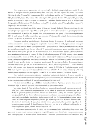 151ModoCapitalistadeProdução,AgriculturaeReformaAgrária
Estes camponeses são responsáveis, pois por proporções significativas da produção agropecuária do país.
Quanto as principais commodities produzem: tabaco 99%, cacau 75%, café 70%, algodão 56%, milho 55%, laranja
51%, chá-da-índia 47%, soja 34%, cana-de-açúcar 20%, etc. Produzem também: uva 97%, mandioca 93%, guaraná
92%, banana 85%, feijão 79%, tomate 77%, batata-inglesa 74%, pimenta-do-reino 74%, agave 73%, caju 72%,
mamão 60%, coco 67%, trigo 61%, arroz 39%, maçã 35% e a maioria absoluta (mais de 90%) da produção dos
hortigranjeiros. Detêm também, 27% do rebanho bovino, 87% do rebanho suíno, 88% do plantel das aves, e, 64%
da produção dos ovos e 55% de leite.
Assim, a pequena propriedade que detém apenas 20% da área ocupada do Brasil, foi responsável por 46% do
valor da produção agropecuária e por 43% da renda gerada no campo. Enquanto isso, as grandes propriedades
que controlam mais de 44% da área ocupada total, foram responsáveis por apenas 21% do valor da produção e
23% da renda gerada. As médias propriedades que controlam 36% da superfície ocupada ficaram com a diferença,
ou seja, 32% do valor da produção e 34% da renda.
Entretanto, quando se aprofunda mais a distribuição do valor da produção e da renda gerada no campo,
verifica-se que como o número das pequenas propriedades é elevado (85% do total), a parcela média obtida por
unidade é também pequena. Dessa forma, por exemplo, a quantia média do valor da produção e da renda gerada
por unidades entre aqueles que têm área inferior à 10 ha, tem sido equivalente a apenas um salário mínimo (90
US$) mensal; entre aqueles que têm área de 10 a menos de 20 ha, de dois salários mínimos (180 US$) mensais;
entre aqueles que têm área de 20 a menos de 50ha, de três salários mínimos (270 US$) mensais; e entre aqueles
que têm área de 50 a menos de 100 ha, de quatro salários mínimos (360 US$) mensais. O oposto evidentemente
ocorre com a grande propriedade, pois como o seu número é pequeno (1,6% do total), a parcela média obtida por
unidade é muito grande. Assim, por exemplo, a quantia média do valor da produção e da renda gerada por
unidades entre aqueles que têm área de 1.000 a menos de 2.000 ha, tem sido equivalente a 42 salários mínimos
(3.780 US$) mensais; entre aqueles que têm área de 2.000 a menos de 5.000 ha, de 74 salários mínimos (6.660
US$) mensais; entre aqueles que têm área de 5.000 a menos de 10.000 ha, de 132 salários mínimos (11.880 US$)
mensais; e entre aqueles que têm área superior a 10.000 ha, de 265 salários mínimos (23.850 US$) mensais.
Estes resultados apresentados referentes à agricultura brasileira são indicativos de que a necessária e
fundamental melhor distribuição da renda na agricultura passa necessariamente pela redistribuição da terra. Maior
acesso a terra significa possibilidade de obtenção de melhor fatia da renda geral.
Foi diante desta realidade que o II Plano Nacional de Reforma Agrária do governo Lula destacou o
importante papel da pequena agricultura familiar camponesa na agricultura brasileira
“em toda a década de 90, a agricultura familiar teve aumento de produtividade maior que a patronal:
entre 1989 e 1999, aumentou sua produção em 3,79%, apesar de ter tido uma perda de renda real de
4,74%. A agricultura patronal, no mesmo período, teve perda menor (2,56%), mas aumentou a produção
em apenas 2,60%. E este desempenho tem ocorrido sem que haja um acesso ao crédito proporcional à sua
participação na produção. A agricultura familiar, que responde por 37,8% da produção, consome apenas
25,3% do crédito, enquanto a agricultura patronal, que responde por 61% da produção, consome 73,8%
do crédito. A comparação da agricultura patronal com a agricultura familiar quanto à capacidade de
produzir renda por unidade de área é largamente favorável a esta não só na média nacional (superior ao
dobro da patronal) quanto, em cada uma das regiões do País.”
É, em decorrência deste conjunto de razões, que os camponeses lutam no Brasil em duas frentes, uma
para entrar na terra, para se tornarem camponeses proprietários, e em outra frente, lutam para permanecerem na
terra como produtores de matérias-primas para a indústria e alimentos fundamentais à sociedade brasileira. São,
 