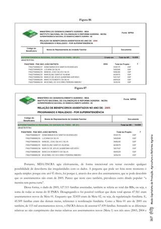 Figura 06
Figura 07
167ModoCapitalistadeProdução,AgriculturaeReformaAgrária
Portanto, MDA/INCRA agiu efetivamente, de forma intencional em tentar esconder qualquer
possibilidade de descoberta das irregularidades com os dados. A pergunta que pode ser feita neste momento é
aquela simples: porque este ato? É óbvio, foi porque é, através dos anos dos assentamentos, que se pode descobrir
que os assentamentos não eram de 2005. Parece que neste caso também, prevaleceu outro ditado popular: “a
mentira tem perna curta”.
Dessa forma, o dado de 2005, 127.511 famílias assentadas, também se referia ao total das RBs, ou seja, a
soma de todas as metas do II PNRA. Desagregando-o foi possível verificar que deste total apenas 47.561 eram
assentamentos novos da Meta 01. Enquanto que 32.835 eram da Meta 02, ou seja, da regularização fundiária. E,
45.509 famílias eram das demais metas, referentes à reordenação fundiária. Como a Meta 01 ano de 2005 era
também, de 115 mil assentamentos novos, o INCRA deixou de assentar 67.439 famílias. Somando-se as diferenças
relativas ao não cumprimento das metas relativas aos assentamentos novos (Meta 1) nos três anos (2003, 2004 e
 