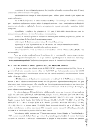 175ModoCapitalistadeProdução,AgriculturaeReformaAgrária
- a construção de uma política de implantação dos territórios reformados concentrando as ações de todos
os ministérios interessados na reforma agrária;
- a construção de um estoque de terras disponíveis para a reforma agrária em todo o país, superior ao
exigido pelas metas;
- fim do PRONAF (produto da política neoliberal de FHC) e sua substituição por um Plano Camponês
para a agricultura fundamentado em uma política de soberania alimentar e com a constituição de um Fundo de
recursos para subsidiar as implantações de novos assentamentos e para dar sustentação a agricultura familiar
camponesa;
- consolidação e ampliação das propostas da ASA para o Semi-Árido, demarcação das terras de
remanescentes de quilombo, e de outras formas de uso comum da terra;
- definição de uma nova política de aquisição de alimentos pelos diferentes programas do governo em
sintonia com as políticas do Plano Safra da agricultura camponesa;
- edição urgente do decreto que altera os índices de produtividade da terra;
- regularização de todas as posses com área até 100 hectares, sob controle dos movimentos sociais;
- revogação de toda legislação autoritária sobre a reforma agrária; e
- ação dos movimentos sociais no sentido de assumir de fato o controle político do MDA/INCRA e da
reforma agrária.
Parece que a única posição defensável é aquela que não vê outro caminho para os camponeses que
sempre lutaram pela reforma agrária. Eles vão ter que continuar seguindo a palavra de ordem talvez mais antiga:
“a luta continua companheiro”, inclusive contra o próprio governo do companheiro Presidente Lula.
8.9.4. A farsa dos números da reforma agrária do MDA/INCRA em 2006 continuou
A farsa dos números da reforma agrária do MDA/INCRA continuou também em 2006. Embora o
governo LULA tenha anunciado em nota oficial em 30/01/2007, que havia assentado um total de 136.358
famílias e divulgou a relação dos mesmos em seu site, mas sem o ano de implantação dos assentamentos. Mesmo
assim, a farsa veio à público.
O INCRA continuou divulgando como assentamentos novos (Meta 1 do II PNRA) todas as famílias que
tiveram as RBs – Relação de Beneficiários emitidas em 2006, pelas suas Superintendências Regionais. Isto quer
dizer que, o órgão continua somando todas as famílias que tiveram suas posses regularizadas, ou que tiveram seus
direitos nos assentamentos antigos reconhecidos, ou foram reassentadas em virtude da construção de barragens,
como se fossem assentamentos novos.
Em primeiro lugar, em 2006, a distribuição oficial dos dados mostra que o governo teria assentado na
região Sul 2.059 famílias (PR=921; SC=280 e RS=858), na região Sudeste 3.260 famílias (SP=1.018; MG=1.528;
RJ=338 e ES=376), na região Centro-Oeste 14.153 famílias (MS=2.627; MT=7.971; GO=3.036 e DF=519), na
Região Nordeste 35.313 famílias (BA=4.689; SE=456; AL=306; PE=8.065; PB=700; RN=1.016; CE=947;
PI=6.054 e MA=13.080) e na região Norte 81.573 famílias (RO=1.007; AC=4.595; AM=8.931; RR=1.829;
AP=2.068; TO=2.015 e, pasmem todos, PA=60.638). Causa no mínimo estranheza que as três SRs do Pará
tenham particularmente no último trimestre de 2006, conseguido assentar mais de 60 mil famílias, e, sobretudo
que a SR-30 de Santarém tivesse sozinha assentado 34 mil famílias.
Esses números oficiais mostram que 78% dos assentamentos foram realizados na Amazônia Legal e,
47,5% somente no estado do Pará. Parece que o estado da governadora petista Ana Júlia da corrente Democracia
Socialista-DS, além de ser a “bola da vez” nos escândalos da grilagem de terras devolutas e públicas (ver operação
 