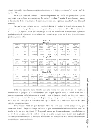 53ModoCapitalistadeProdução,AgriculturaeReformaAgrária
Situação III, o quadro geral altera-se novamente, invertendo-se as Situações, ou seja, "A" volta a auferir
renda e "B" não.
Estas duas alterações (Situações II e III) foram possíveis em função da aplicação de capitais
adicionais para melhorar a produtividade dos solos. A renda diferencial II gerada nestes casos
é decorrente destes investimentos de capitais adicionais, uma espécie de "verdadeira" renda diferencial
capitalista.
Cabe esclarecer, também, que no exemplo da Tabela 09, em função da aplicação crescente de
capitais ocorreu uma queda no preço de produção, que baixou de R$33,33 a saca para
R$29,33. Isto significa dizer, que sempre que se tem um aumento na produtividade cai o preço de
produção relativo. É a lógica do desenvolvimento capitalista que segue um de seus princípios: maior
produção, menor valor.
Tabela 12
Situação I
Preço de Produção
Particular
Preço de Produção
Geral
Natureza
do
terreno
Arroz
produzido
sc/ha
Custo
Operacional
R$/ha
Taxa de
Lucro
Médio
30%/R$
Total
R$/sc
Saca
R$
Total
R$/sc
Saca
R$
Renda da
Terra
Diferencial I
R$/ha
A 50 1.050,00 450,00 1.500,00 30,00 1.666,66 33,33 166,66
B 45 1.050,00 450,00 1.500,00 33,33 1.500,00 33,33 0
Situação II
Preço de Produção
Particular
Preço de Produção
Geral
Natureza
do
terreno
Arroz
produzido
sc/ha
Custo
Operacional
R$/ha
Taxa de
Lucro
Médio
30%/R$
Total
R$/sc
Saca
R$
Total
R$/sc
Saca
R$
Renda da
Terra
Diferencial I
R$/ha
A 50 1.050,00 450,00 1.500,00 30,00 1.500,00 30,00 0
B’ 60 1.250,00 510,00 1.760,00 29,33 1.800,00 30,00 100,00
Situação III
Preço de Produção
Particular
Preço de Produção
Geral
Natureza
do
terreno
Arroz
produzido
sc/ha
Custo
Operacional
R$/ha
Taxa de
Lucro
Médio
30%/R$
Total
R$/SC
Saca
R$
Total
R$/sc
Saca
R$
Renda da
Terra
Diferencial I
R$/ha
A’ 65 1.150,00 480,00 1.630,00 25,07 1.906,45 29,33 276,45
B’ 60 1.250,00 510,00 1.760,00 29,33 1.500,00 29,33 0
Poder-se-ia argumentar neste particular que seria possível ter uma ampliação do mercado
consumidor, o que pode e não ser verdade, pois se por hipótese todos já comem arroz, não é
porque aumentou a produtividade que se passará a comer mais arroz, pois há um limite no volume
da alimentação consumida por pessoa. É por isso que freqüentemente o governo americano
lança mão de "campanhas de alimentos para a paz", assim, ele dá vazão aos excessos das safras
agrícolas americanas estocadas.
Seria possível também, por hipótese, trabalhar com duas outras composições, que
alterariam as três Situações do exemplo da Tabela 12, pois, naqueles exemplos trabalhou-se com preço de
produção decrescente. Na Situação IV, demonstrada a seguir, por hipótese, será tomado o exemplo de preço
de produção crescente. Isto é possível porque em geral o solo, às vezes, mesmo com a aplicação
de capital pode conhecer queda na produção, provocando, por conseguinte, face à necessidade crescente
dos alimentos, o seu encarecimento.
 